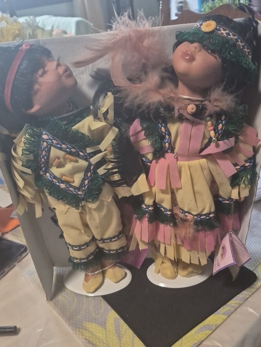 Porcelain Cream,Green and Pink Fringe Doll Set Not A Toy. Stored 15years